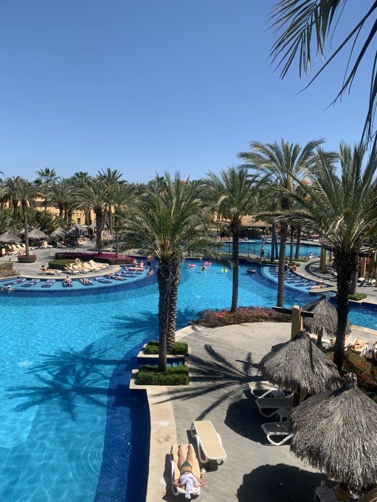 A large outdoor resort pool is surrounded by palm trees and sun loungers. Guests relax on sunbeds and swim in the blue water under a clear sky. Thatched umbrellas provide shade. The scene is bright and tropical.
